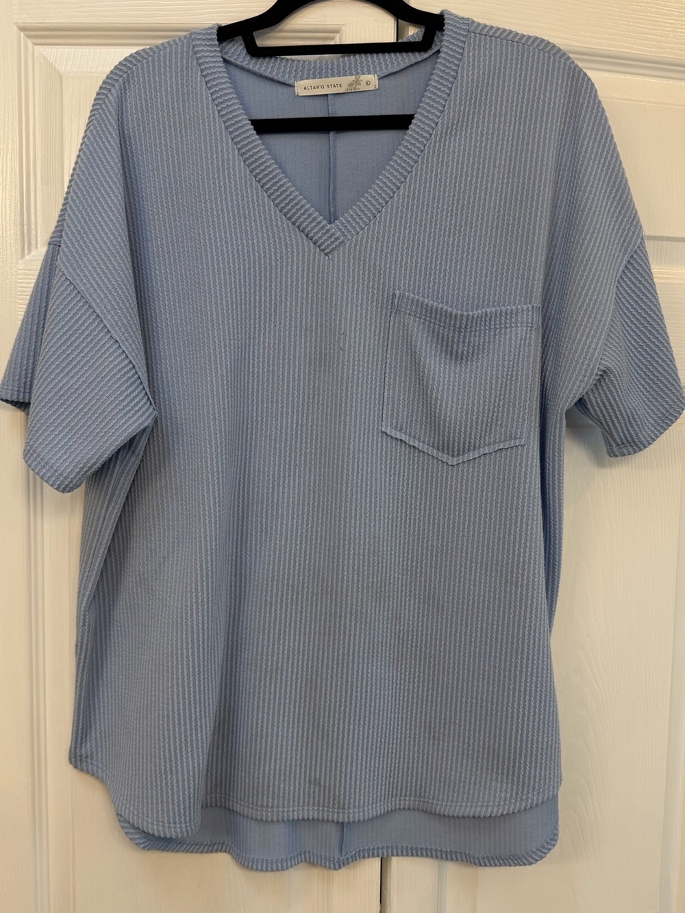 Altar'd State Light Blue Ribbed V-Neck Pocket Tee